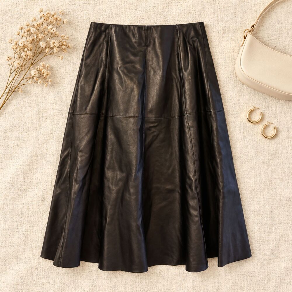 ONE5ONE Black Faux Leather Paneled Flare Midi Skirt Size Small